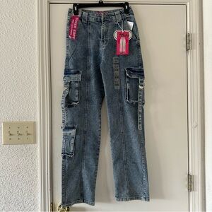 Savage Love High Rise Wide Leg Cargo Blue Jeans